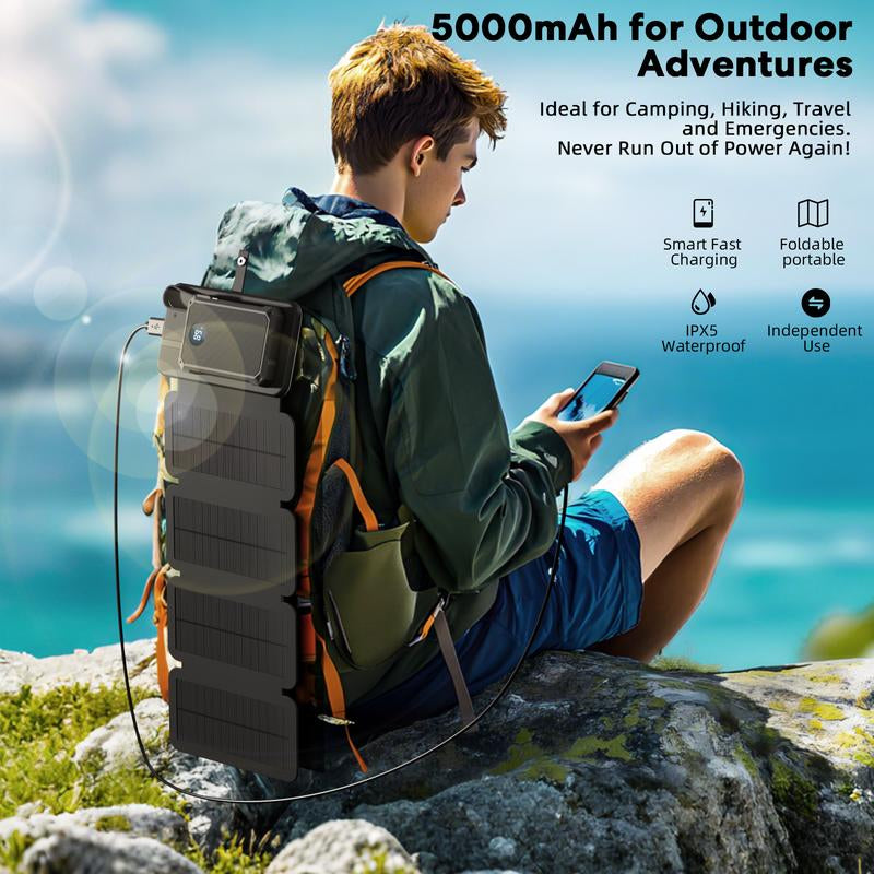 Solar Power Bank 5000Mah with Detachable 4-Fold Panels, Magnetic Wireless Charging, Built-In Cables. Compact, Portable, Ideal for Multiple Devices.