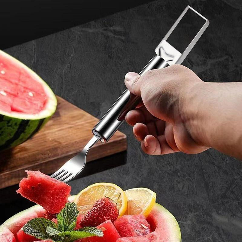 2-In-1 Stainless Steel Fruit Cutter,Watermelon Slicer Cube Cutter Tool,Watermelon Fork Slicer with round Handlefor Home, Kitchen, Camping