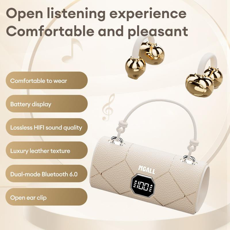 MGALL X22 Fashionable Clip-On Wireless Headphones with HandbagâStyle LightâLuxury Leather Texture, Comfortable Fit, 2025 Bluetooth 6.0, LED HD Display, Hifi Sound, Sport & Travel Ready, Perfect Gift for Girlfriend,Tiktokshop Back to School