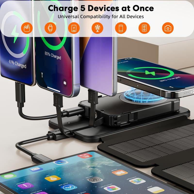 Solar Power Bank 5000Mah with Detachable 4-Fold Panels, Magnetic Wireless Charging, Built-In Cables. Compact, Portable, Ideal for Multiple Devices.