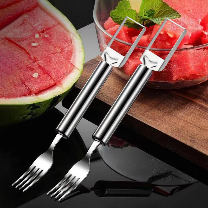 2-In-1 Stainless Steel Fruit Cutter,Watermelon Slicer Cube Cutter Tool,Watermelon Fork Slicer with round Handlefor Home, Kitchen, Camping