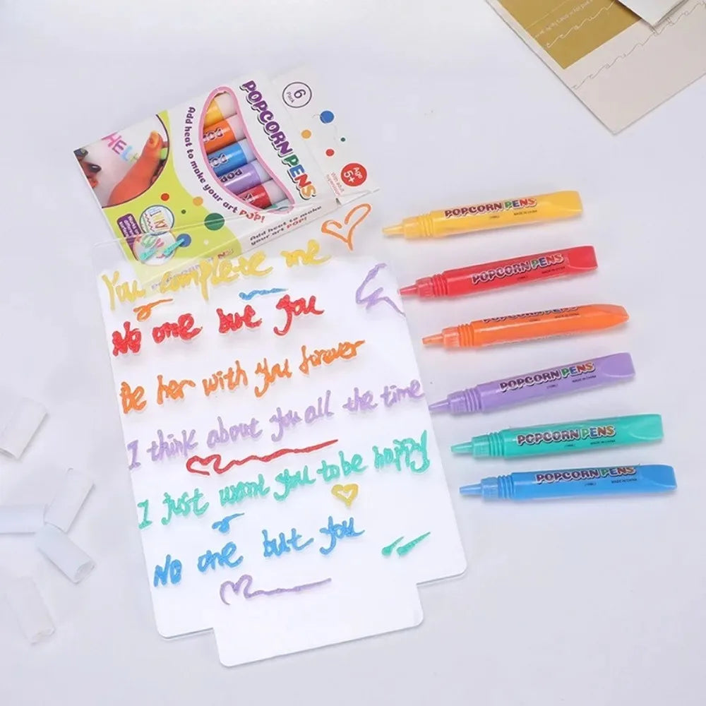 6Pcs DIY Bubble Popcorn Drawing Pens 3D Magic Puffy Effect Drawing Pen Safe Pen Greeting Birthday Cards DIY Handmade Kids Gift