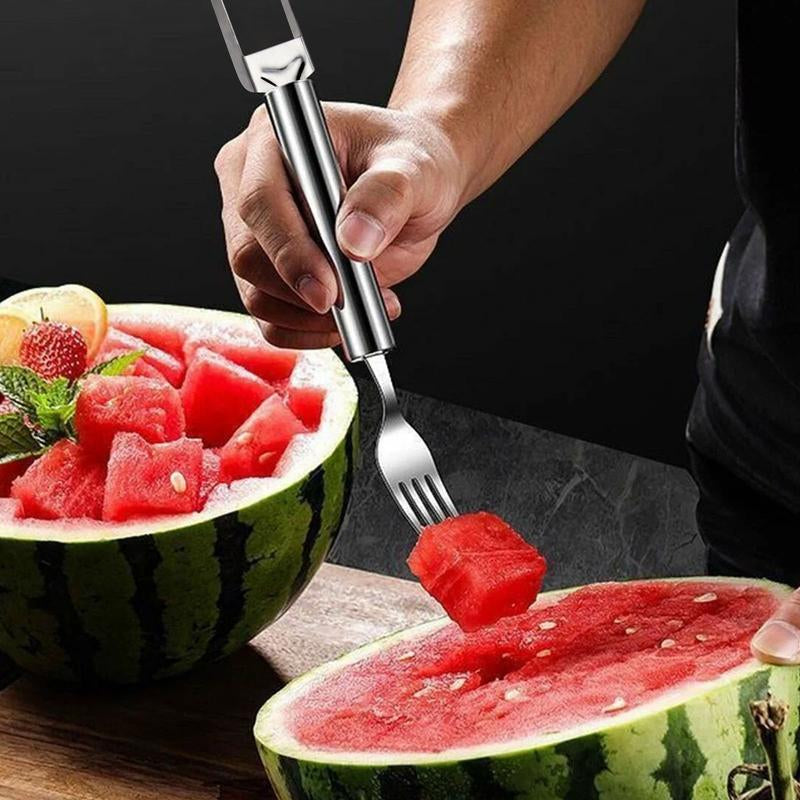 2-In-1 Stainless Steel Fruit Cutter,Watermelon Slicer Cube Cutter Tool,Watermelon Fork Slicer with round Handlefor Home, Kitchen, Camping