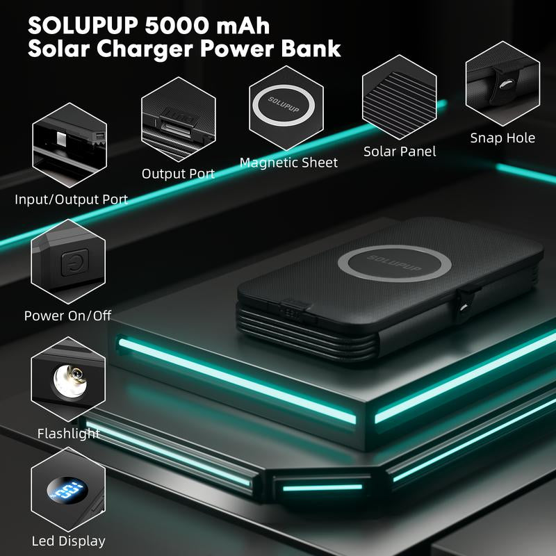 Solar Power Bank 5000Mah with Detachable 4-Fold Panels, Magnetic Wireless Charging, Built-In Cables. Compact, Portable, Ideal for Multiple Devices.