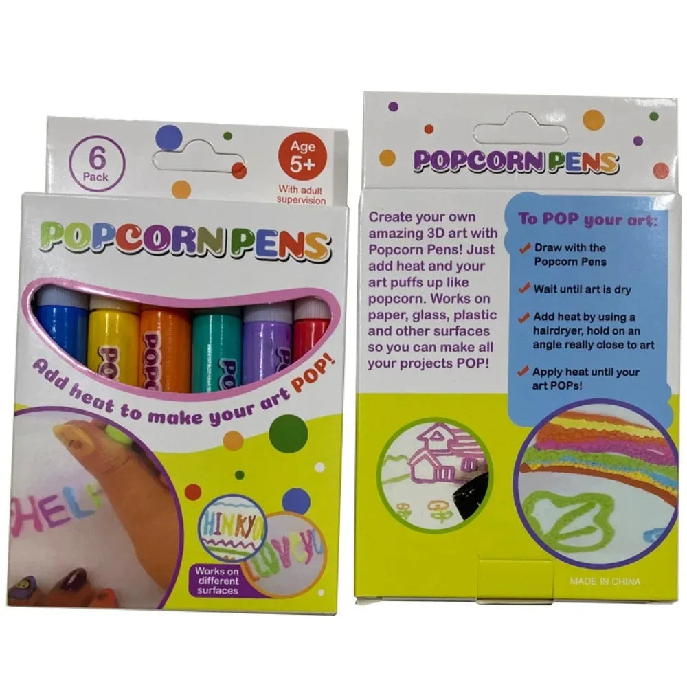 6Pcs DIY Bubble Popcorn Drawing Pens 3D Magic Puffy Effect Drawing Pen Safe Pen Greeting Birthday Cards DIY Handmade Kids Gift
