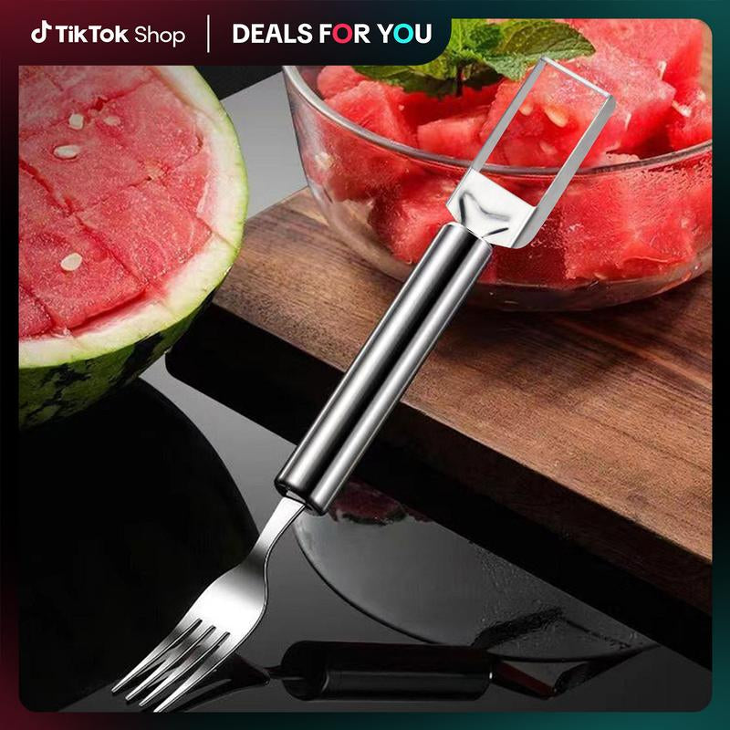 2-In-1 Stainless Steel Fruit Cutter,Watermelon Slicer Cube Cutter Tool,Watermelon Fork Slicer with round Handlefor Home, Kitchen, Camping