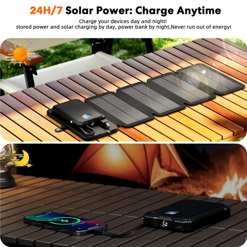 Solar Power Bank 5000Mah with Detachable 4-Fold Panels, Magnetic Wireless Charging, Built-In Cables. Compact, Portable, Ideal for Multiple Devices.