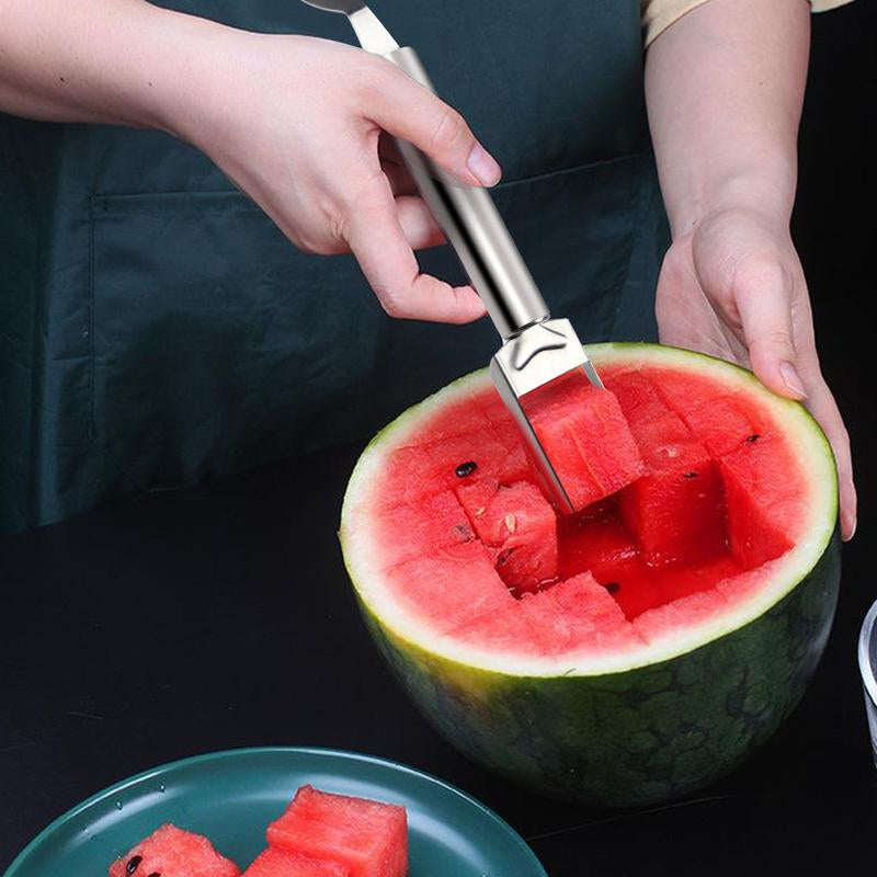 2-In-1 Stainless Steel Fruit Cutter,Watermelon Slicer Cube Cutter Tool,Watermelon Fork Slicer with round Handlefor Home, Kitchen, Camping