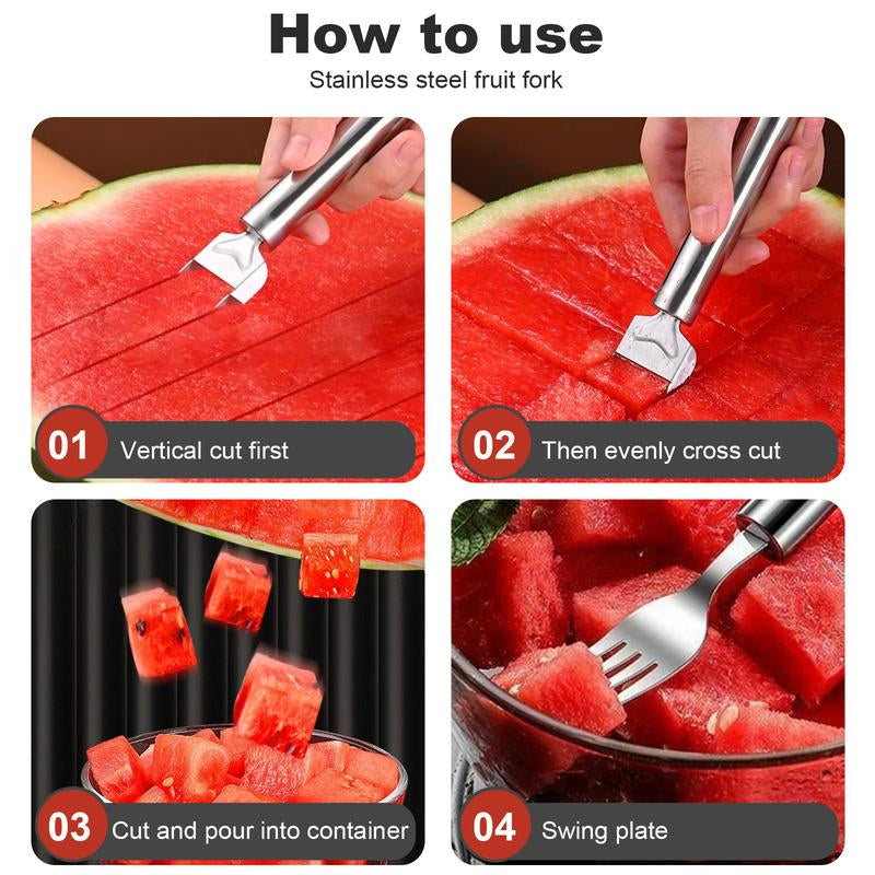 2-In-1 Stainless Steel Fruit Cutter,Watermelon Slicer Cube Cutter Tool,Watermelon Fork Slicer with round Handlefor Home, Kitchen, Camping