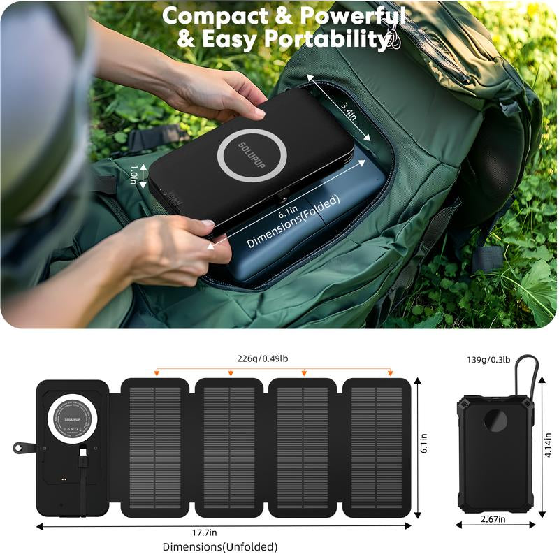 Solar Power Bank 5000Mah with Detachable 4-Fold Panels, Magnetic Wireless Charging, Built-In Cables. Compact, Portable, Ideal for Multiple Devices.