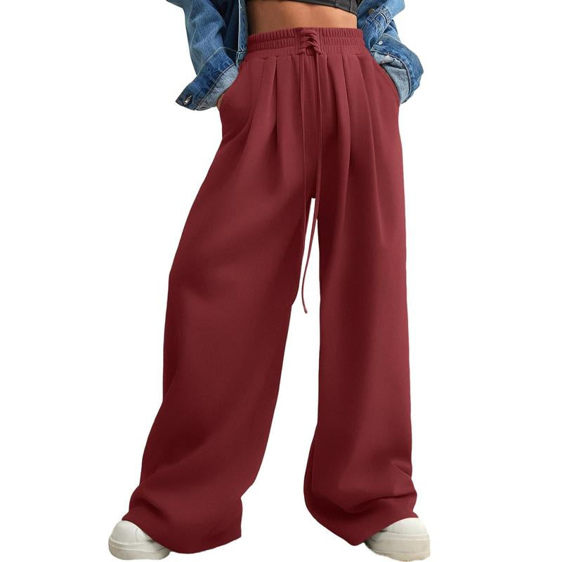 Aleumdr Wide Leg Sweatpants for Women 2025 Trendy Fashion High Waist Drawstring Loose Long Pants with Pockets Elastic Casual Womenswear Sport Athleisure Activewear Bottoms