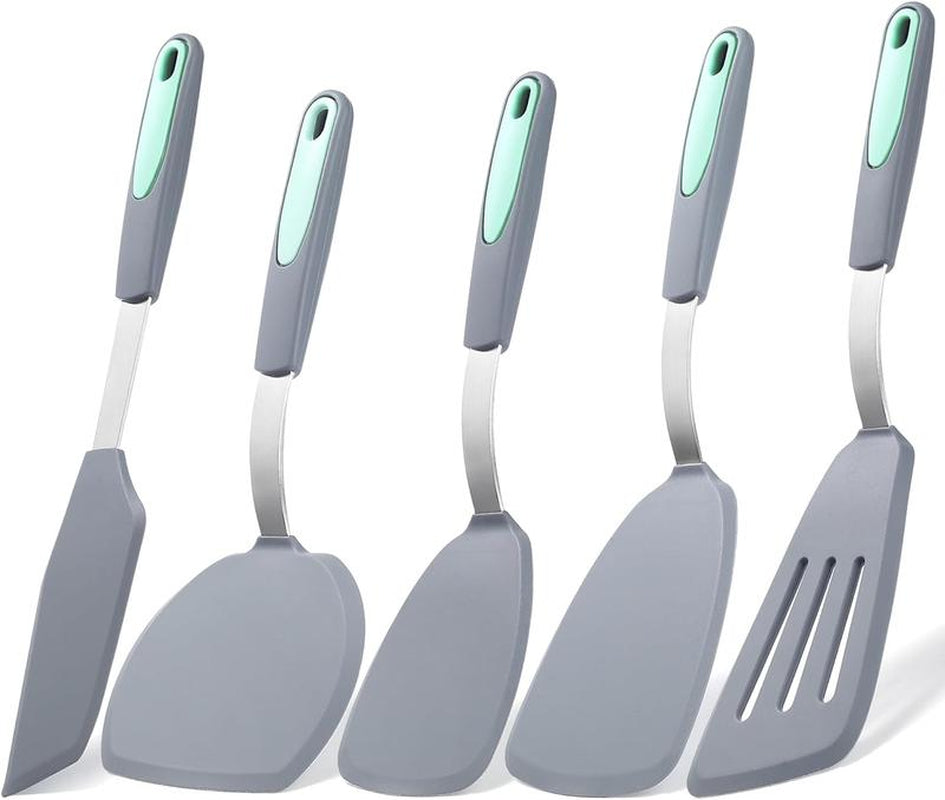 5 Pieces Silicone Spatula Set, Non-Stick Silicone Turner Spatulas, Heat Resistance Cooking Utensils, Flip Turner for Fish, Egg, Pancake, Light Grey