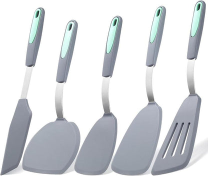 5 Pieces Silicone Spatula Set, Non-Stick Silicone Turner Spatulas, Heat Resistance Cooking Utensils, Flip Turner for Fish, Egg, Pancake, Light Grey