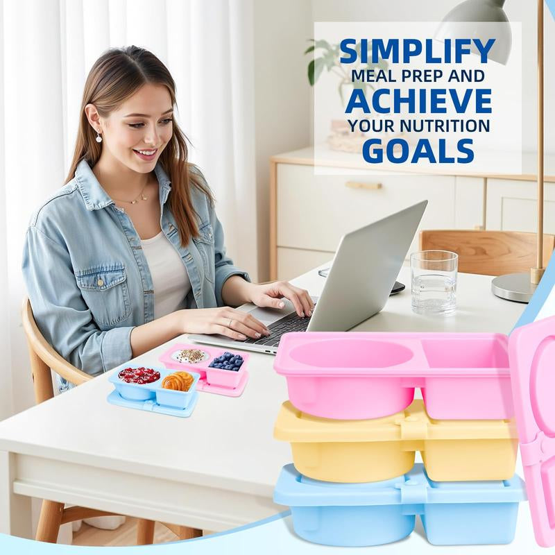 3 Pack Silicone Reusable Snack Containers with Lids, Double Compartment Snackle Box Containers, Salad Dressing Sauce Seasoning Container, Small Mini Food Snack Boxs for Travel, Office, Picnic Tupperware Sets with Lids