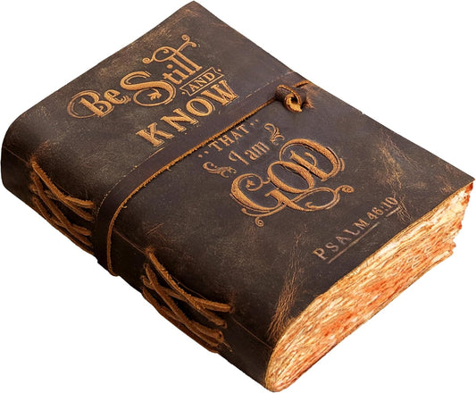 Vintage Leather Journal with Psalm 46:10 Bible Verse–8''X6'' Embossed Prayer Study Journal for Women & Men – 200 Pages Handmade Cotton Deckle Edge Watercolor Paper - Cappuccino Brown