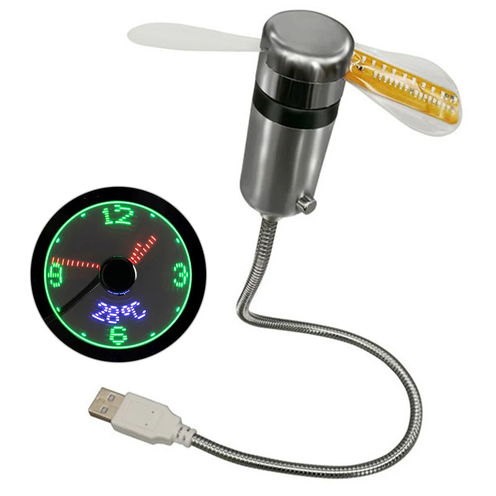 Portable Clock Fan RGB LED Night Light 5V USB Hand Fan Real Time Temperature Display Metal Mini Fan for PC Laptop Desktop Cooler