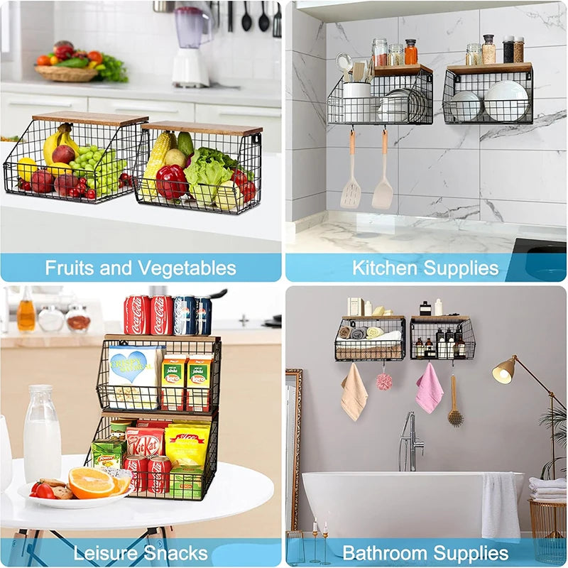 Fruit Basket Onion Storage Wire Baskets with Wood Lid Multifunctional Stackable Wall Mounted Countertop Tiered Kitchen