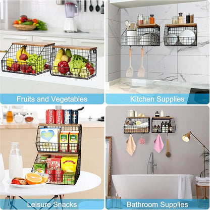 Fruit Basket Onion Storage Wire Baskets with Wood Lid Multifunctional Stackable Wall Mounted Countertop Tiered Kitchen
