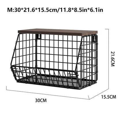 Fruit Basket Onion Storage Wire Baskets with Wood Lid Multifunctional Stackable Wall Mounted Countertop Tiered Kitchen