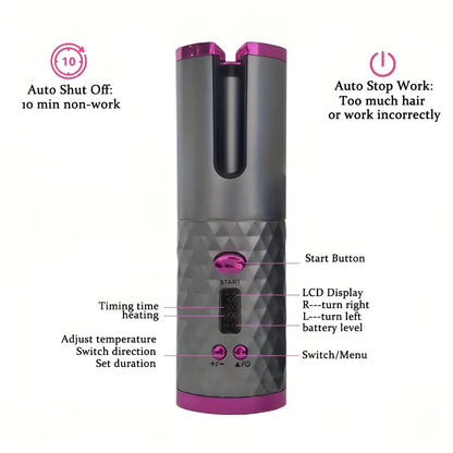 Curlwhirl Portable Hair Curler, Auto Hair Curler, Automatic Ceramic Rotating Wireless Auto Curling Iron Wand, Portable USB Rechargeable Spinning Curling Iron Spin N Curl for Hair Styling