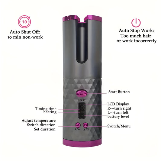 Curlwhirl Portable Hair Curler, Auto Hair Curler, Automatic Ceramic Rotating Wireless Auto Curling Iron Wand, Portable USB Rechargeable Spinning Curling Iron Spin N Curl for Hair Styling