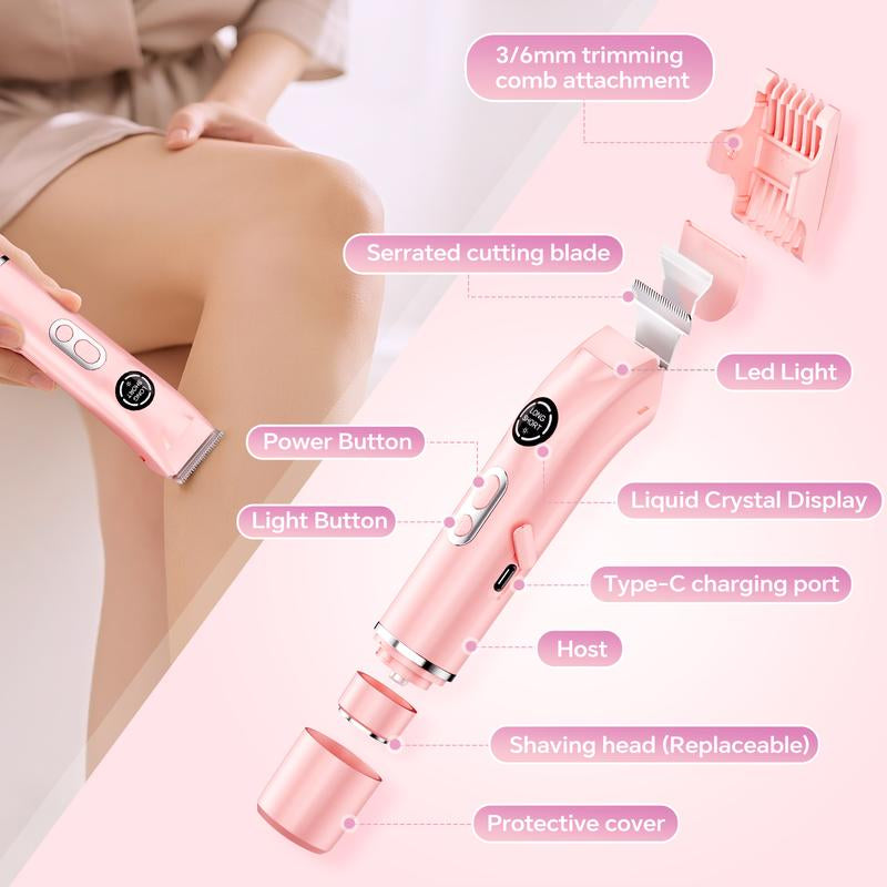 Bikini Trimmer and Shaver Kit for Women - 4-In-1 Wet/Dry Electric Body Hair Trimmer Facial Hair Removal Cordless Waterproof Bikini Shaver Razor for Face Lip Chin Underarm Legs Eyebrows Nose