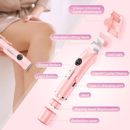 Bikini Trimmer and Shaver Kit for Women - 4-In-1 Wet/Dry Electric Body Hair Trimmer Facial Hair Removal Cordless Waterproof Bikini Shaver Razor for Face Lip Chin Underarm Legs Eyebrows Nose