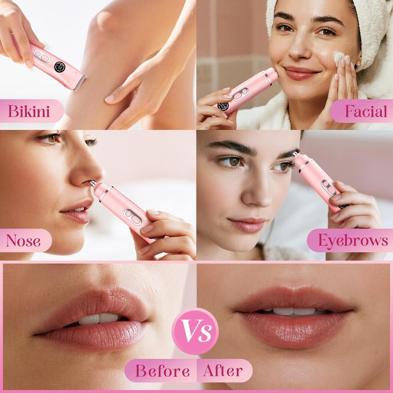 Bikini Trimmer and Shaver Kit for Women - 4-In-1 Wet/Dry Electric Body Hair Trimmer Facial Hair Removal Cordless Waterproof Bikini Shaver Razor for Face Lip Chin Underarm Legs Eyebrows Nose