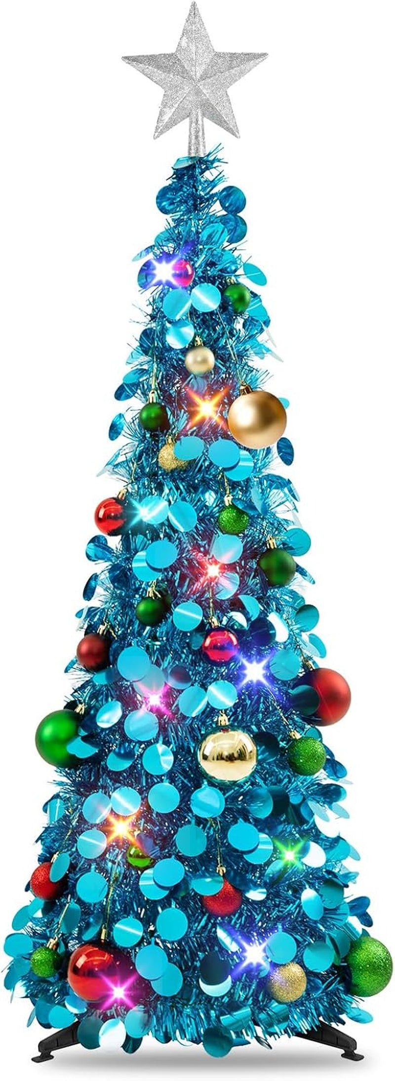 Pop up Christmas Tree with Lights & 25 Balls, 3Ft Collapsible Blue Tinsel Xmas Tree Decorations, Pencil Christmas Tree Skinny Tree for Holiday Xmas Home Office Decor, Blue