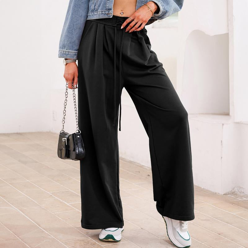 Aleumdr Wide Leg Sweatpants for Women 2025 Trendy Fashion High Waist Drawstring Loose Long Pants with Pockets Elastic Casual Womenswear Sport Athleisure Activewear Bottoms