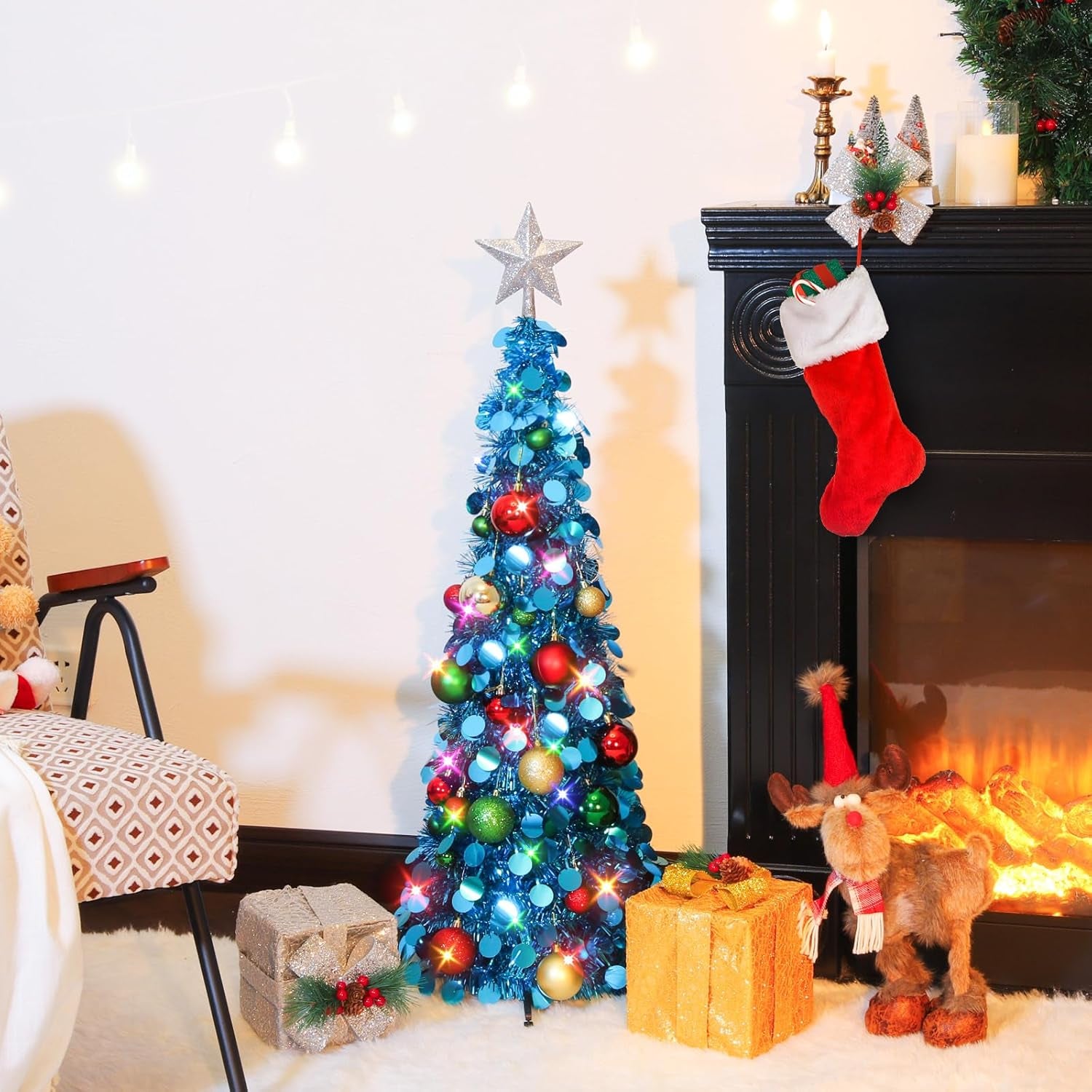 Pop up Christmas Tree with Lights & 25 Balls, 3Ft Collapsible Blue Tinsel Xmas Tree Decorations, Pencil Christmas Tree Skinny Tree for Holiday Xmas Home Office Decor, Blue