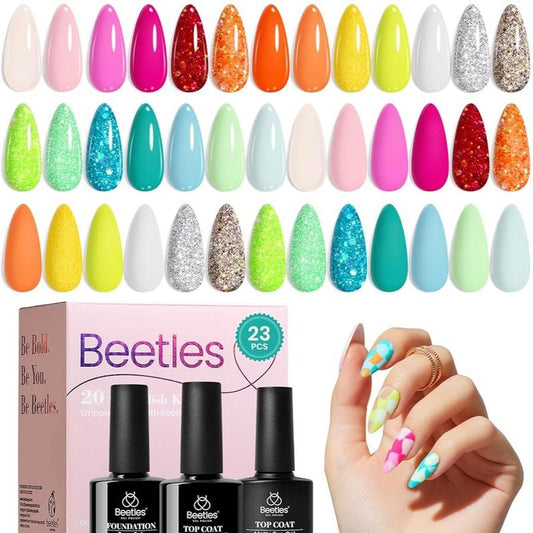 Beetles Summer Gel Nail Polish Set, 23 Pcs 20 Colors Neon Hot Pink Glitter Yellow Orange Blue Clear Pastel Gel Nail Polish Kit Soak off UV Base Glossy & Matte Top Coat Rainbow Nail Gift for Women