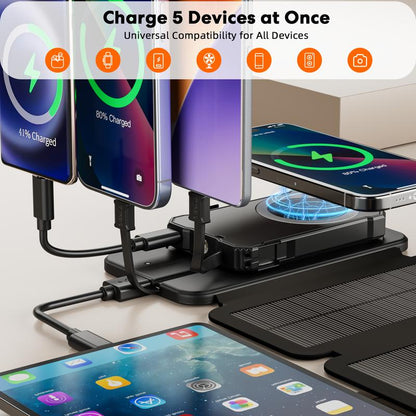 Solar Power Bank 5000Mah with Detachable 4-Fold Panels, Magnetic Wireless Charging, Built-In Cables. Compact, Portable, Ideal for Multiple Devices.