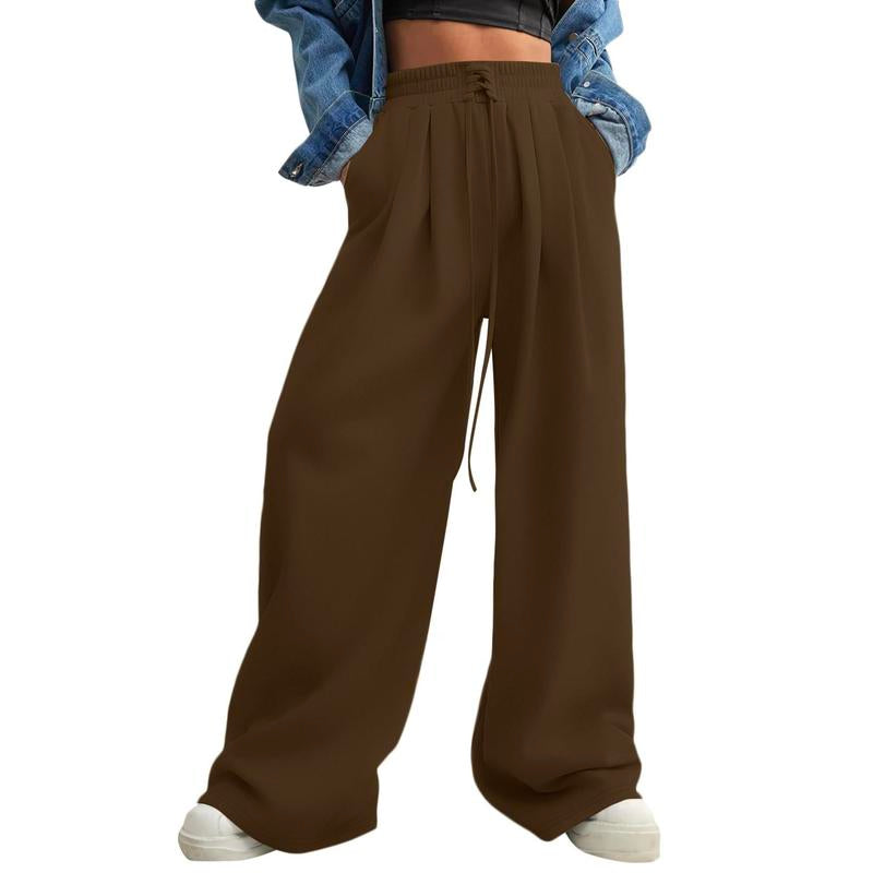 Aleumdr Wide Leg Sweatpants for Women 2025 Trendy Fashion High Waist Drawstring Loose Long Pants with Pockets Elastic Casual Womenswear Sport Athleisure Activewear Bottoms