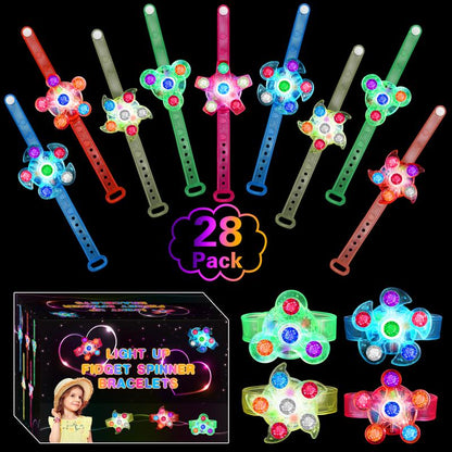 28 Pack LED Light up Fidget Spinner Bracelets, Party Favors for Kids 4-8 8-12 Glow in the Dark Party Supplies Treasure Box Toys for Class Birthday Gifts Xmas Stocking Stuffers for Teens Goodie Bags