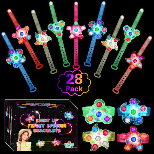 28 Pack LED Light up Fidget Spinner Bracelets, Party Favors for Kids 4-8 8-12 Glow in the Dark Party Supplies Treasure Box Toys for Class Birthday Gifts Xmas Stocking Stuffers for Teens Goodie Bags