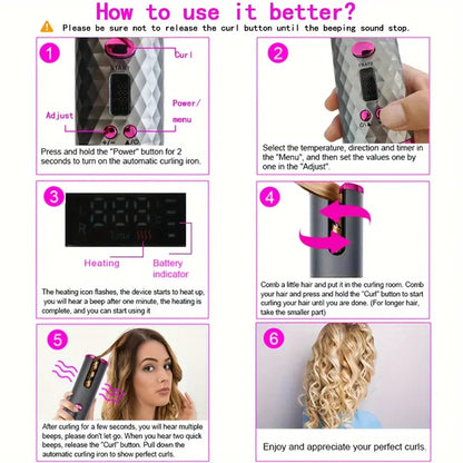 Curlwhirl Portable Hair Curler, Auto Hair Curler, Automatic Ceramic Rotating Wireless Auto Curling Iron Wand, Portable USB Rechargeable Spinning Curling Iron Spin N Curl for Hair Styling