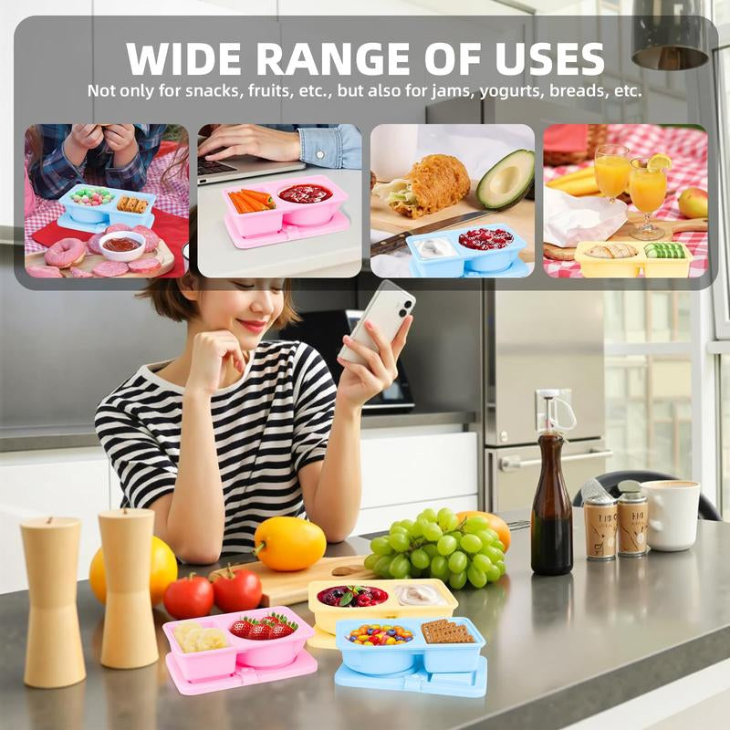 3 Pack Silicone Reusable Snack Containers with Lids, Double Compartment Snackle Box Containers, Salad Dressing Sauce Seasoning Container, Small Mini Food Snack Boxs for Travel, Office, Picnic Tupperware Sets with Lids