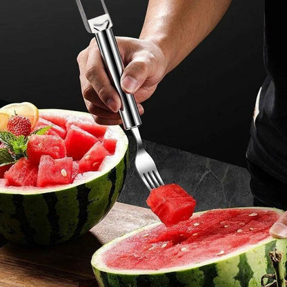 2-In-1 Stainless Steel Fruit Cutter,Watermelon Slicer Cube Cutter Tool,Watermelon Fork Slicer with round Handlefor Home, Kitchen, Camping