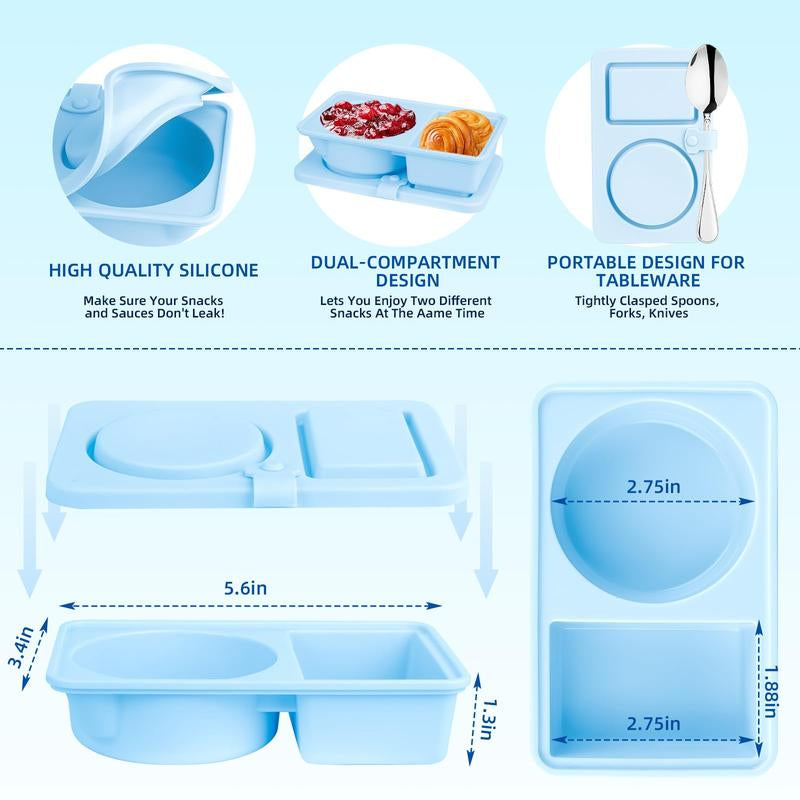 3 Pack Silicone Reusable Snack Containers with Lids, Double Compartment Snackle Box Containers, Salad Dressing Sauce Seasoning Container, Small Mini Food Snack Boxs for Travel, Office, Picnic Tupperware Sets with Lids