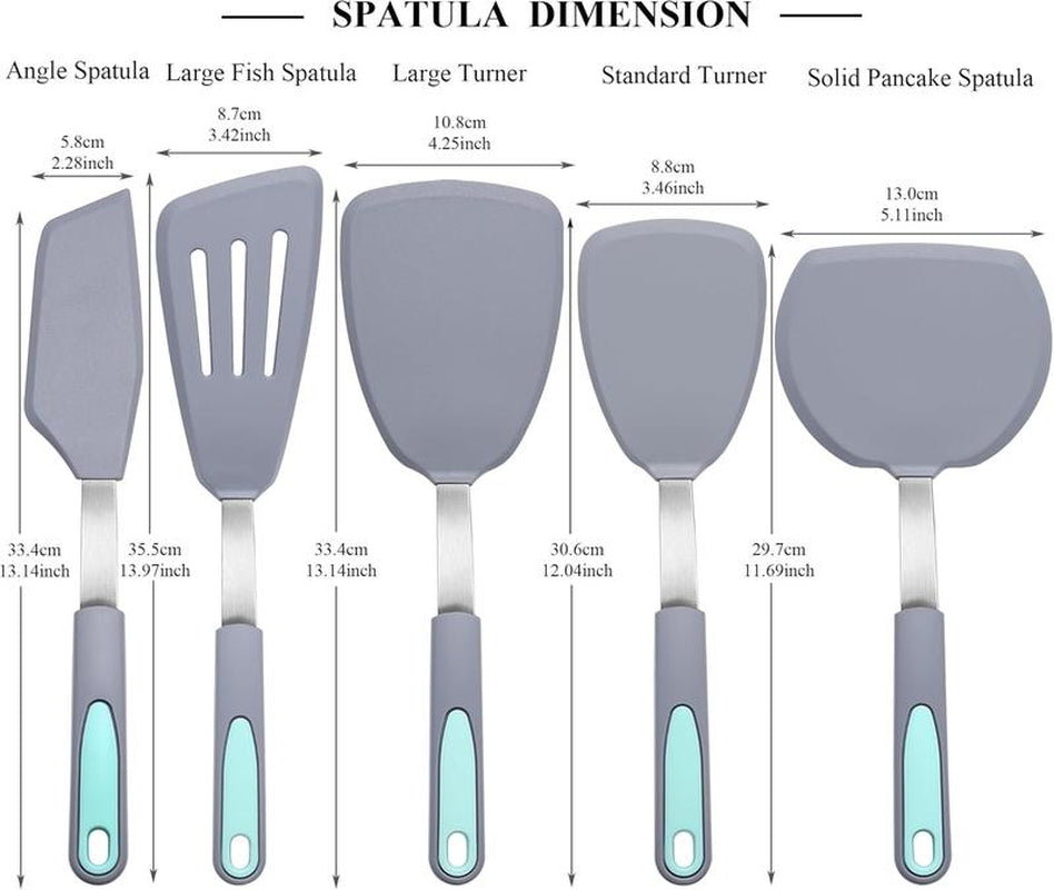 5 Pieces Silicone Spatula Set, Non-Stick Silicone Turner Spatulas, Heat Resistance Cooking Utensils, Flip Turner for Fish, Egg, Pancake, Light Grey