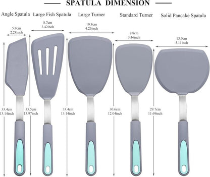 5 Pieces Silicone Spatula Set, Non-Stick Silicone Turner Spatulas, Heat Resistance Cooking Utensils, Flip Turner for Fish, Egg, Pancake, Light Grey