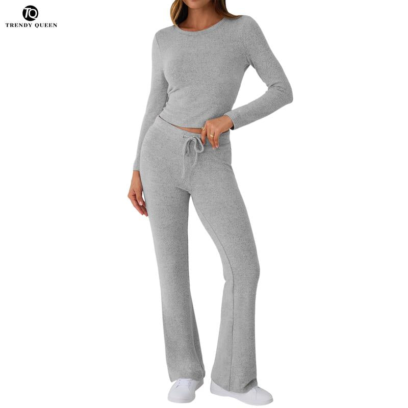 TRENDY QUEEN Women 2 Piece Foldover Yoga Flare Leggings Pants Crop Tops Casual Y2K Outfits