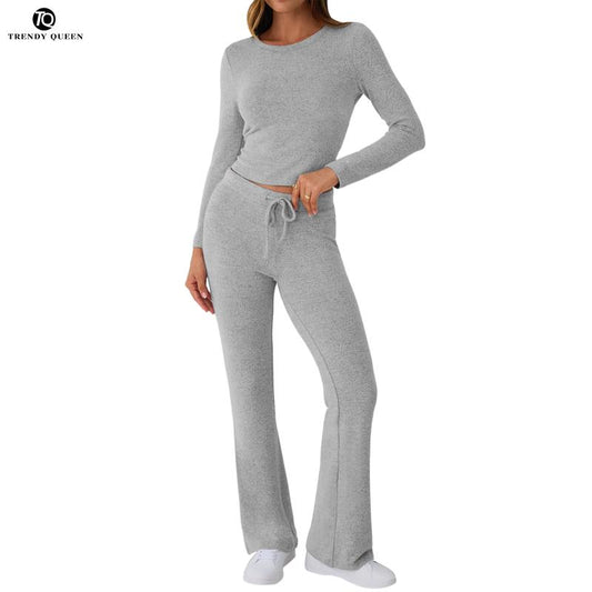 TRENDY QUEEN Women 2 Piece Foldover Yoga Flare Leggings Pants Crop Tops Casual Y2K Outfits