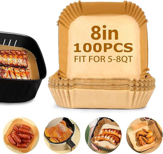 Air Fryer Paper Liners, 125Pcs Parchment Paper, Air Fryer Liners Disposable for Microwave, Non-Stick Air Fryer Liner Square Free of Bleach Bakeware Basket round Silicone