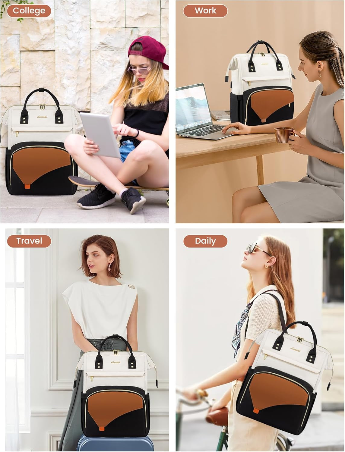 Laptop Backpack for Women Work Travel Backpack Purse, Teacher Doctor Nurse Bags College Backpack, Waterproof Computer Backpack for Women, 15.6 Inch, Black-Beige-Brown