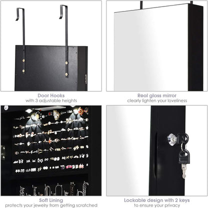 Wall Door Mounted Jewelry Armoire Cabinet with 47.5" H Full Length Mirror, 2 Leds Lockable Jewelry Organizer Box with Bracelet Rod, 2 Drawers, Large Storage Capacity (Black)