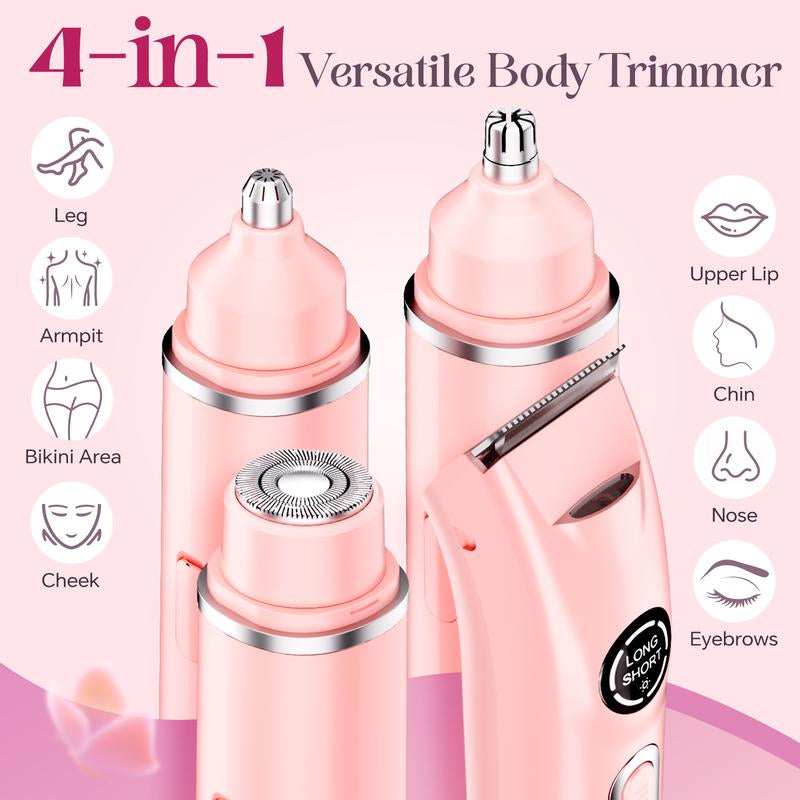 Bikini Trimmer and Shaver Kit for Women - 4-In-1 Wet/Dry Electric Body Hair Trimmer Facial Hair Removal Cordless Waterproof Bikini Shaver Razor for Face Lip Chin Underarm Legs Eyebrows Nose