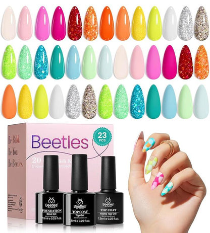 Beetles Summer Gel Nail Polish Set, 23 Pcs 20 Colors Neon Hot Pink Glitter Yellow Orange Blue Clear Pastel Gel Nail Polish Kit Soak off UV Base Glossy & Matte Top Coat Rainbow Nail Gift for Women
