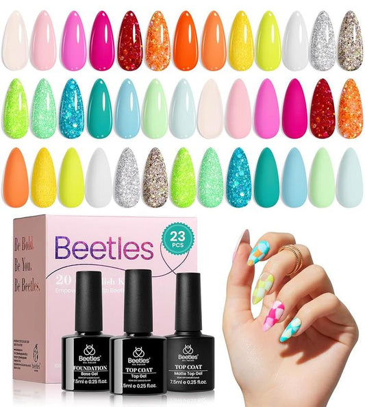 Beetles Summer Gel Nail Polish Set, 23 Pcs 20 Colors Neon Hot Pink Glitter Yellow Orange Blue Clear Pastel Gel Nail Polish Kit Soak off UV Base Glossy & Matte Top Coat Rainbow Nail Gift for Women